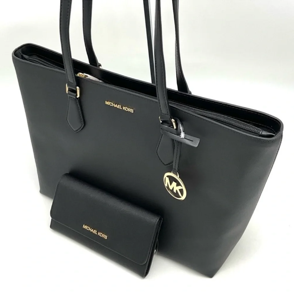 Michael Kors Bag Large Sheila Mf Tote Bag & Large Trifold Wallet Black/Gold - Picture 11 of 14